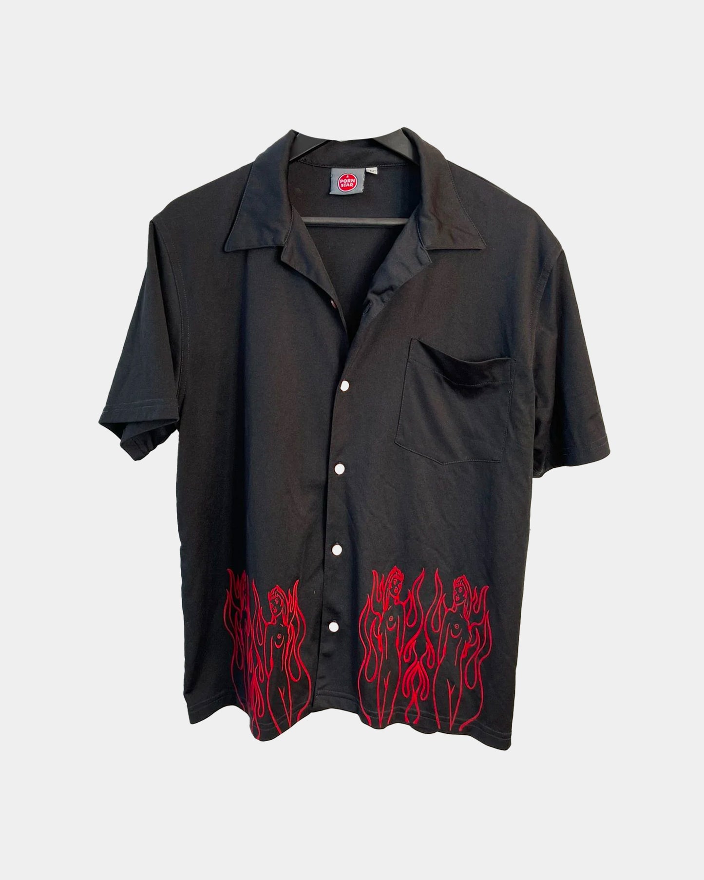 90s PORNSTAR BRAND PORN FLAMES BUTTON UP SHIRT