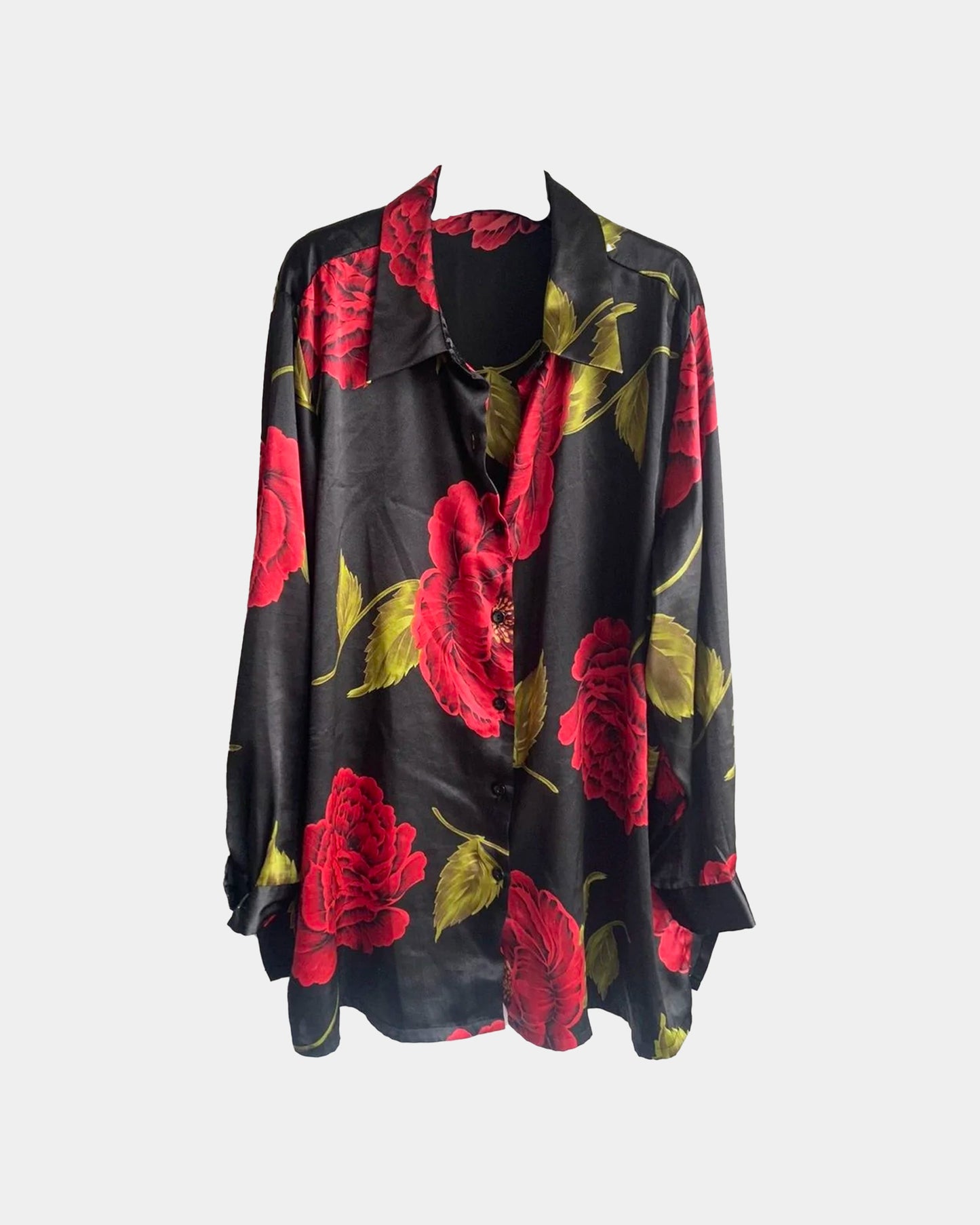 Vintage Silky Satin Floral Rose Button Up Shirt