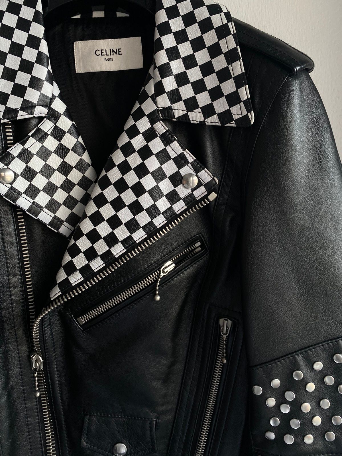 Celine AW19 NEW Damier Checkered Leather Moto Biker Jacket