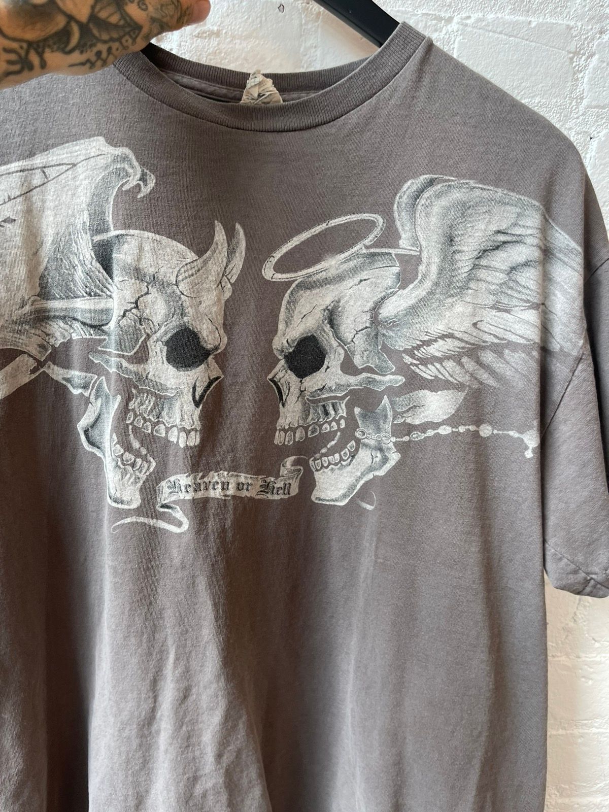 Vintage 90s HEAVEN or HELL Skull Angel Shirt Boxy Thrashed