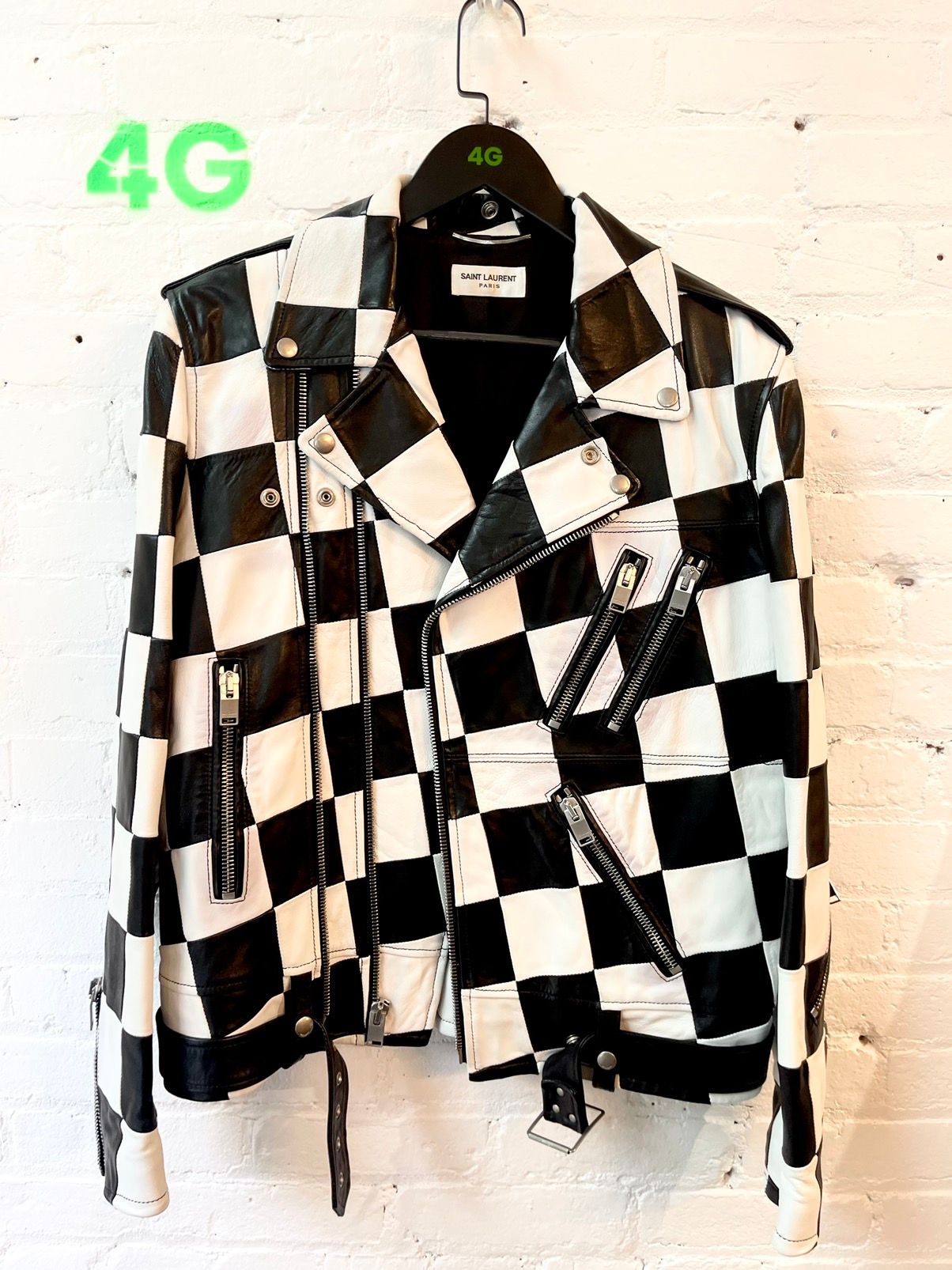 SLP SS14 Checkered Damier Leather Moto Jacket SZ 52
