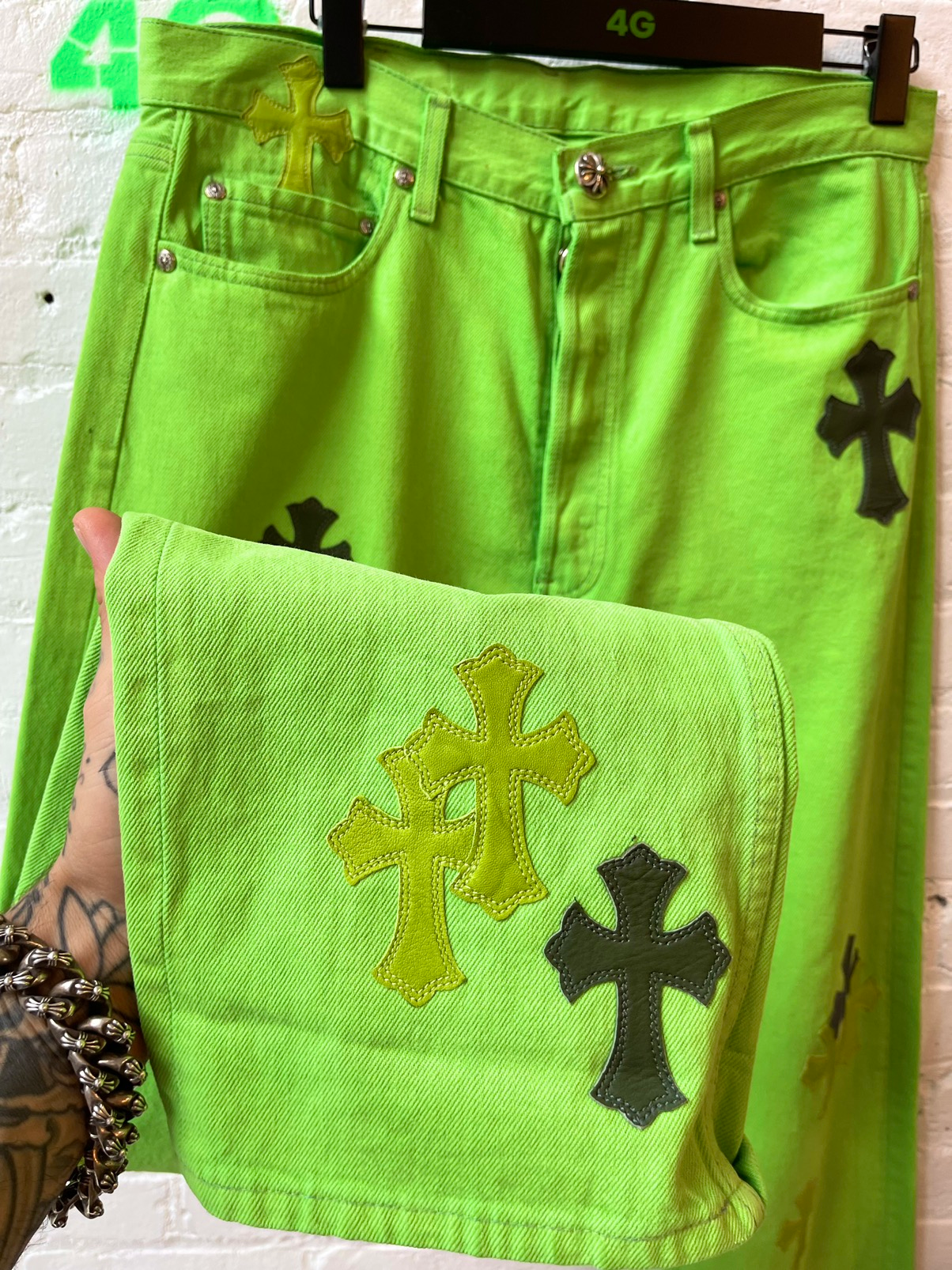 Chrome Hearts Levi Lime Green Cross Patch Jeans 31 fit 32