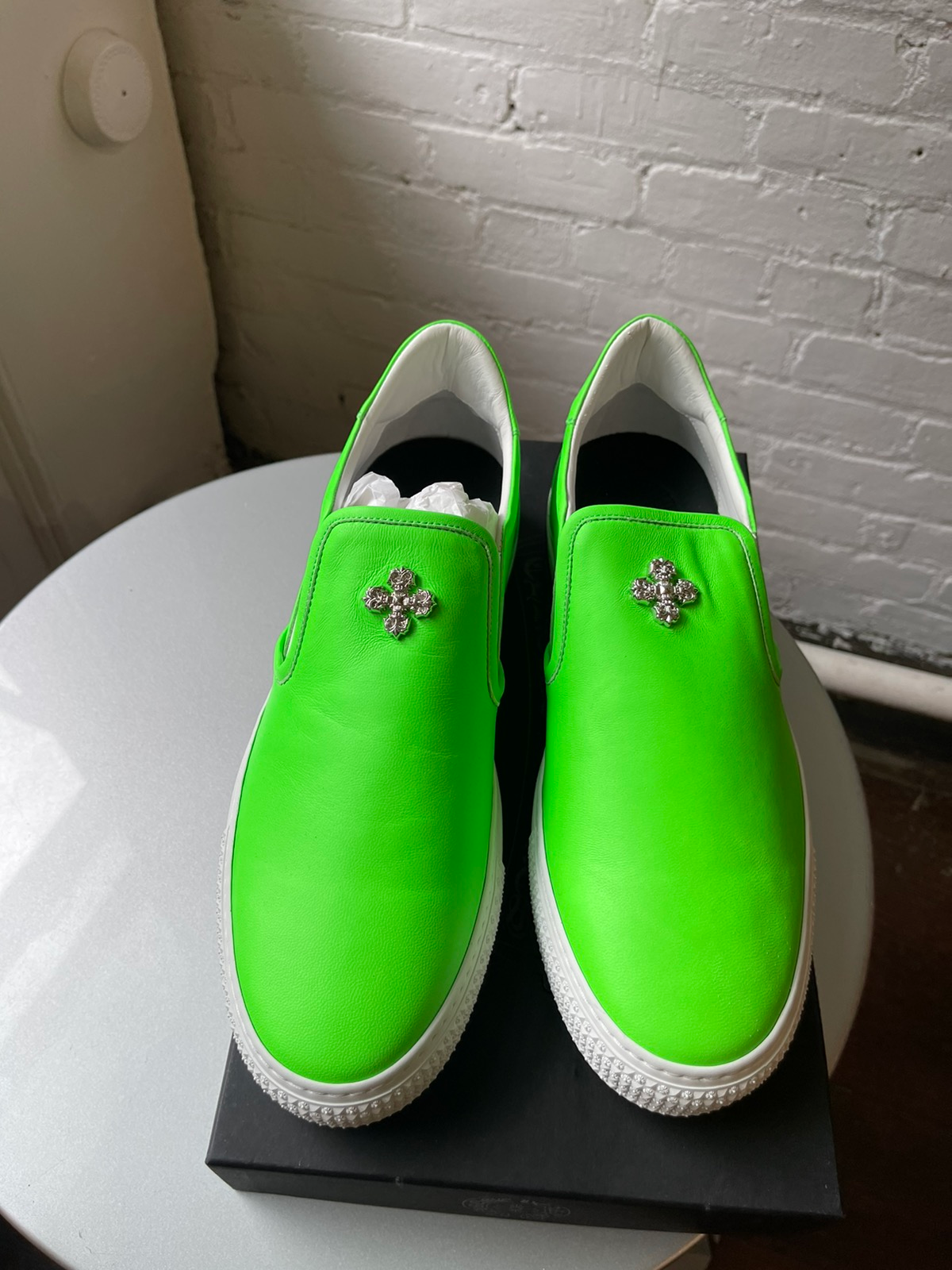Chrome Hearts NEW Neon Lime Green LEATHER Slip On Sneakers