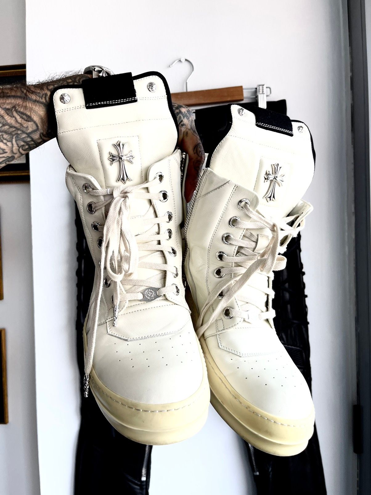 Rick Owens X Chrome Hearts Milk White Geobasket Sneakers