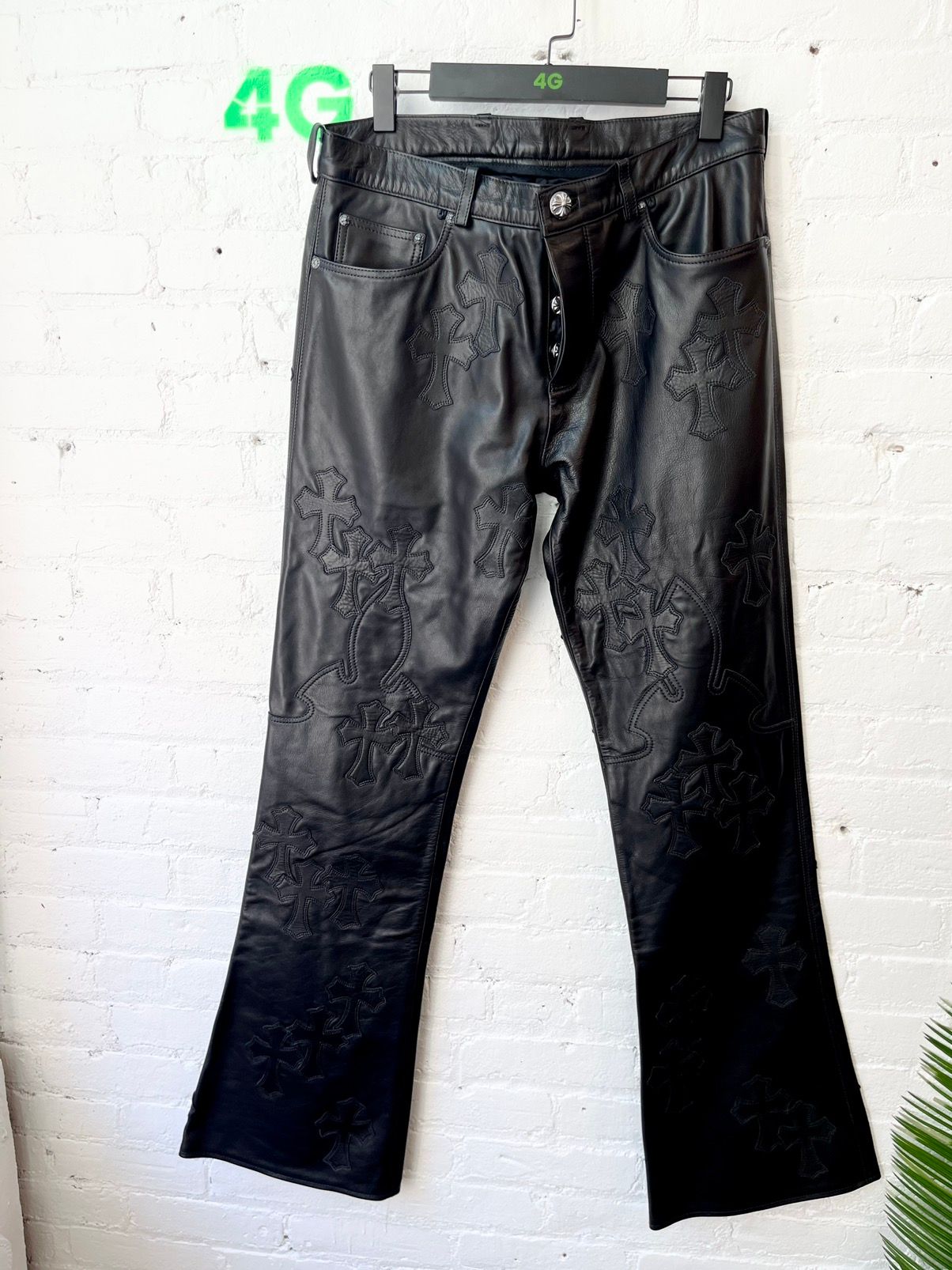 Chrome Hearts 70 Patch Black Leather Jeans Pants SZ 34 NEW