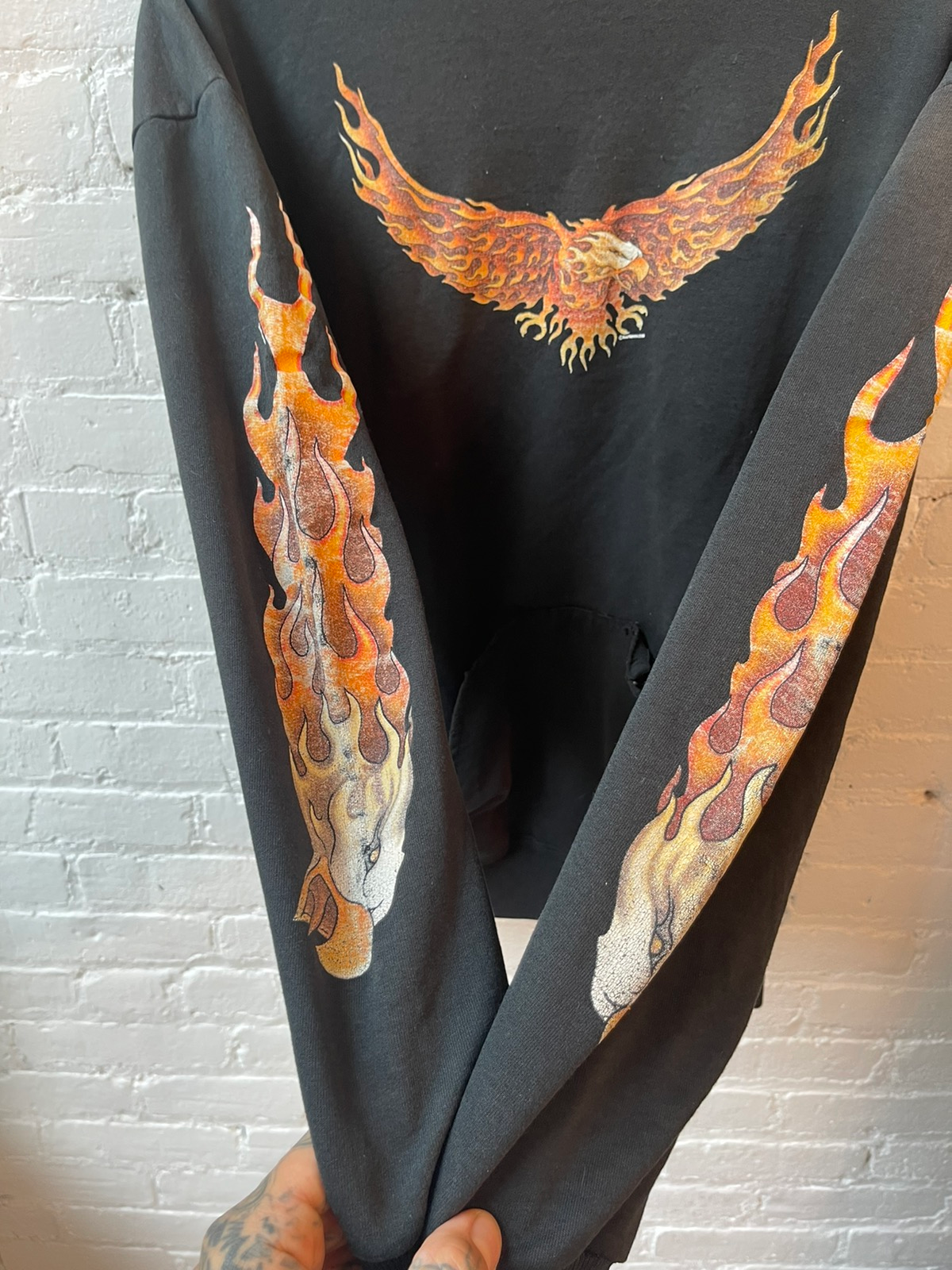 Vintage 90s THRASHED Eagle Flames Black Hoodie Paper Thin