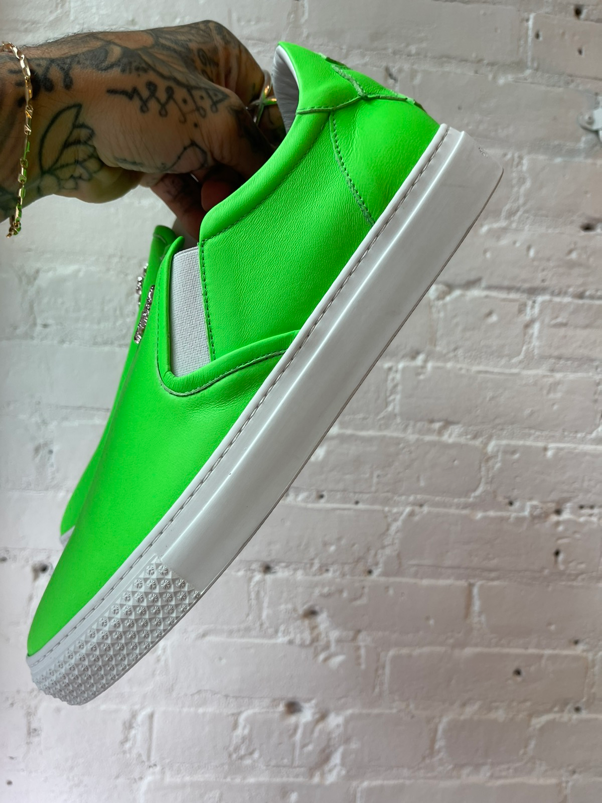 Chrome Hearts NEW Neon Lime Green LEATHER Slip On Sneakers