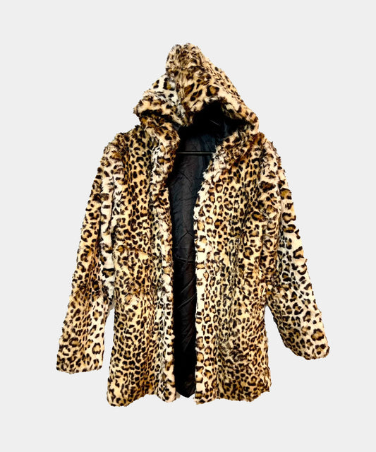 Vintage 90s Leopard Jacket Hoodie FAUX Fur SICK