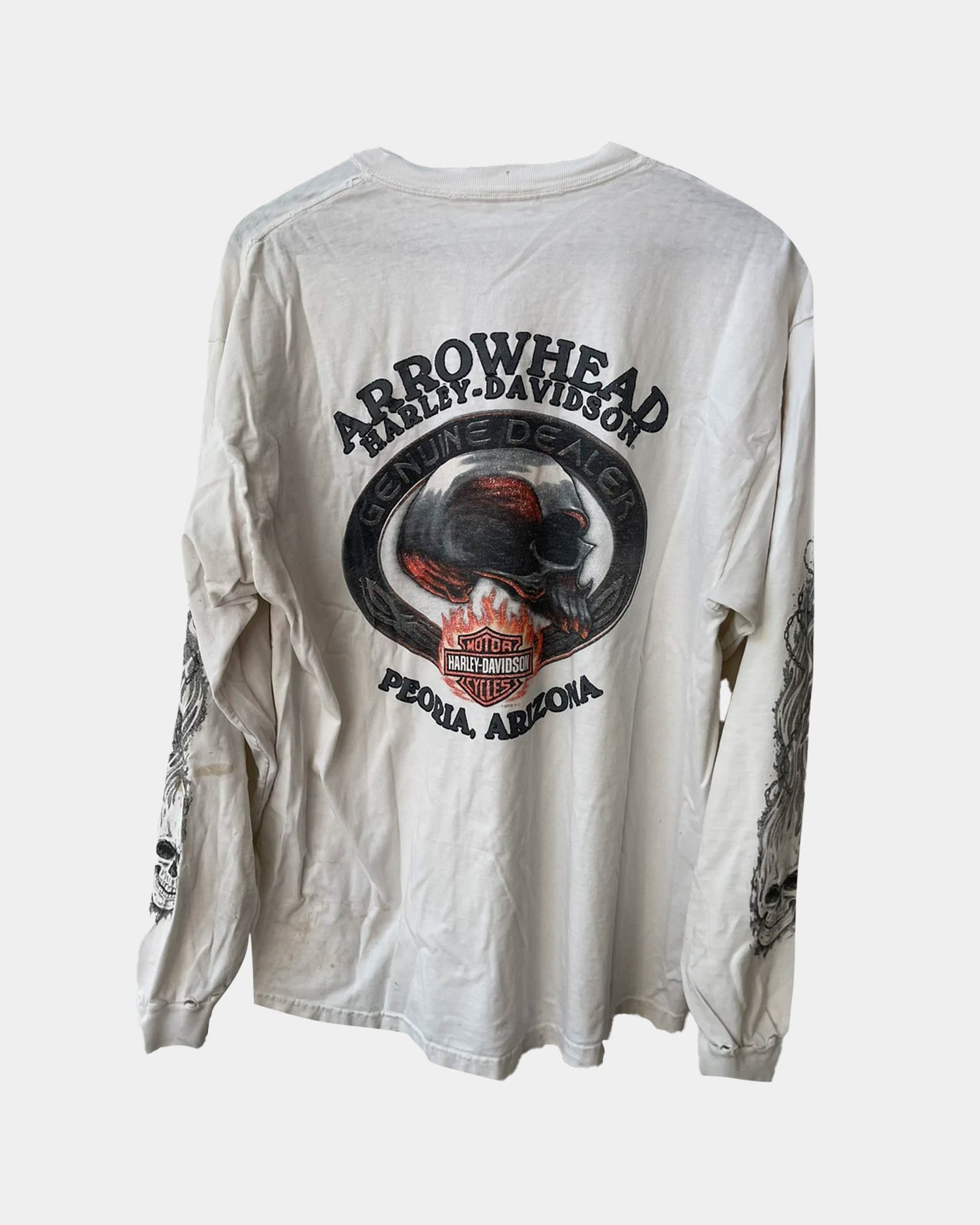 Vintage THRASHED Harley Davidson Skull Flames Long Shirt