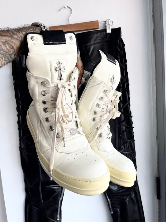 Rick Owens X Chrome Hearts Milk White Geobasket Sneakers