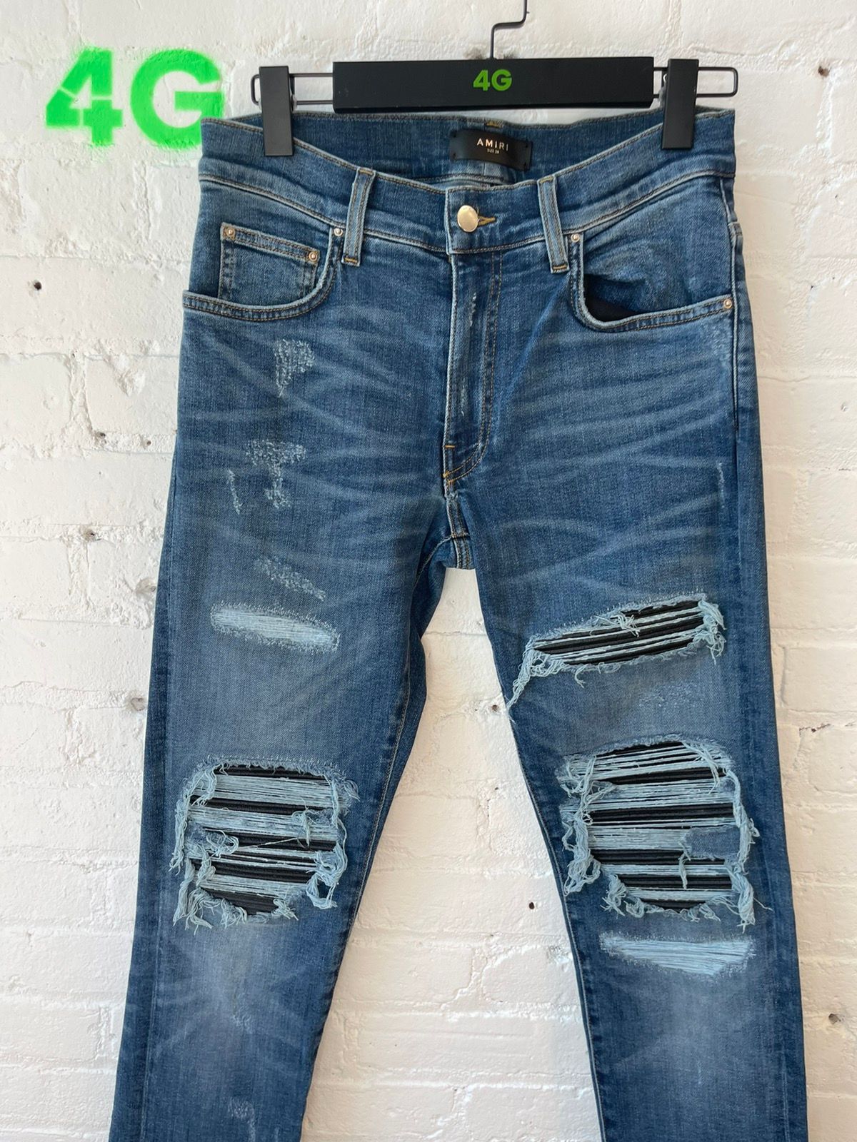 Amiri Blue Distressed jeans With Leather SZ 28