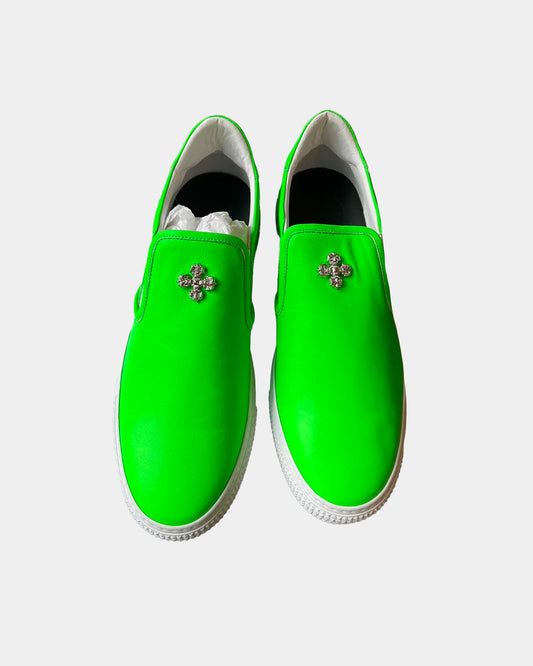 Chrome Hearts NEW Neon Lime Green LEATHER Slip On Sneakers